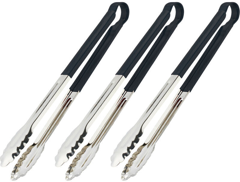 Set of 3 Barbecue Tongs, Stainless Steel, Non-Slip Handle, 40cm Long Cooking for bbq & Kitchen, Silver/Black - Relaxdays