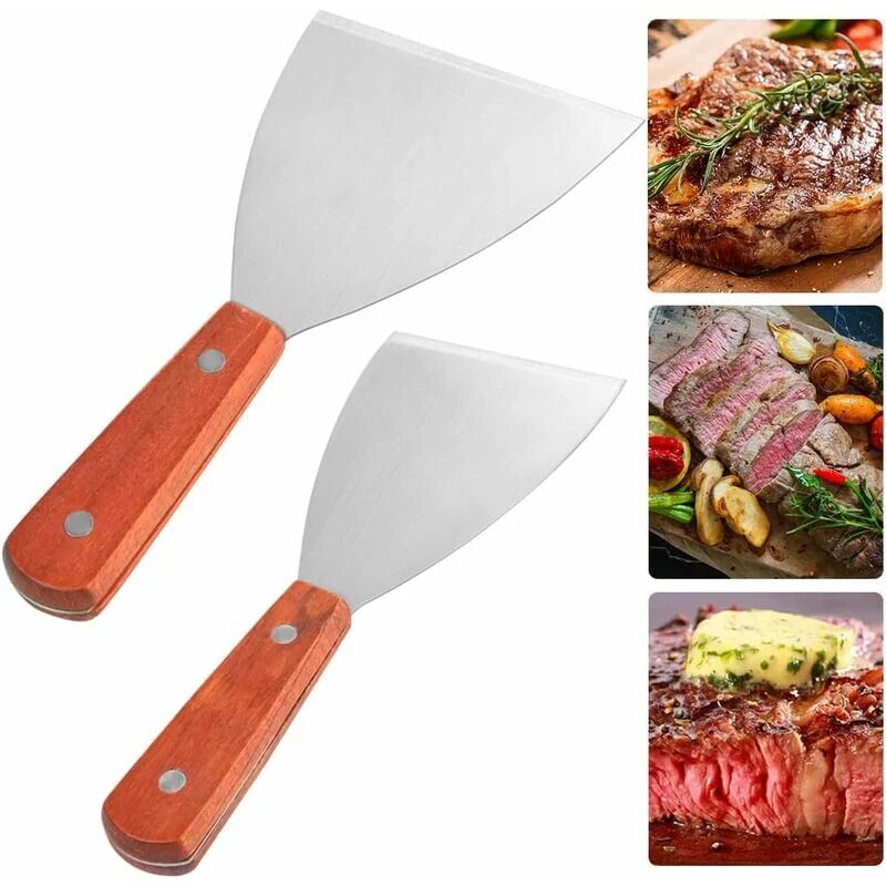 Rhafayre - Wooden Handle Spatula, Stainless Barbecue Spatula, Spatula for Grilling Teppanyaki Meat and Cleaning the Drip Pan 2 Pieces, 22x10cm