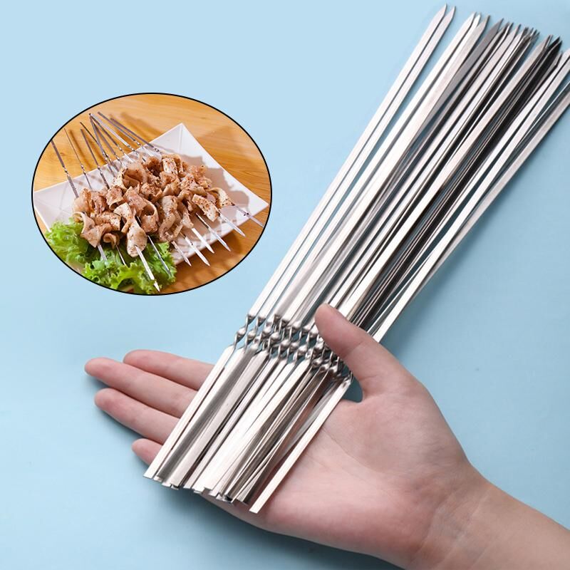 Fancy Homeware 10Pcs Reusable Flat Barbecue Skewers Sticks 304 Stainless Steel Needle BBQ Sticks Barbecue Skewers 28/33cm Outdoor BBQ Accessories