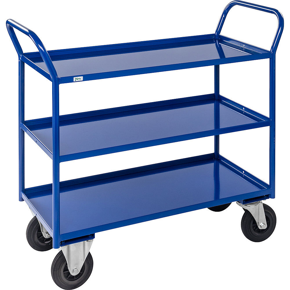 Kongamek Tischwagen KM41 3 Etagen mit Aufkantung, LxBxH 1080 x 450 x 1000 mm blau, 2 Lenkrollen mit Stopp, 2 Bockrollen