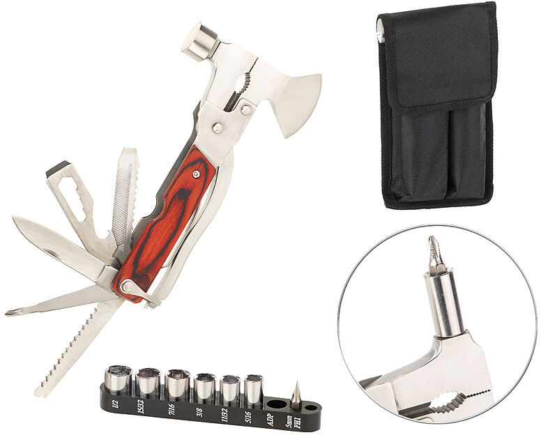 Semptec Urban Survival Technology 26in1-Multitool aus Edelstahl mit Holzgriff und Schraubendreher-Set