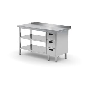 Edelstahl Gastro-Arbeitstisch mit 3 Schubladen rechts sowie Grund- und Zwischenboden und Aufkantung   AISI 430 Qualität   HxBxT 85x160x70cm