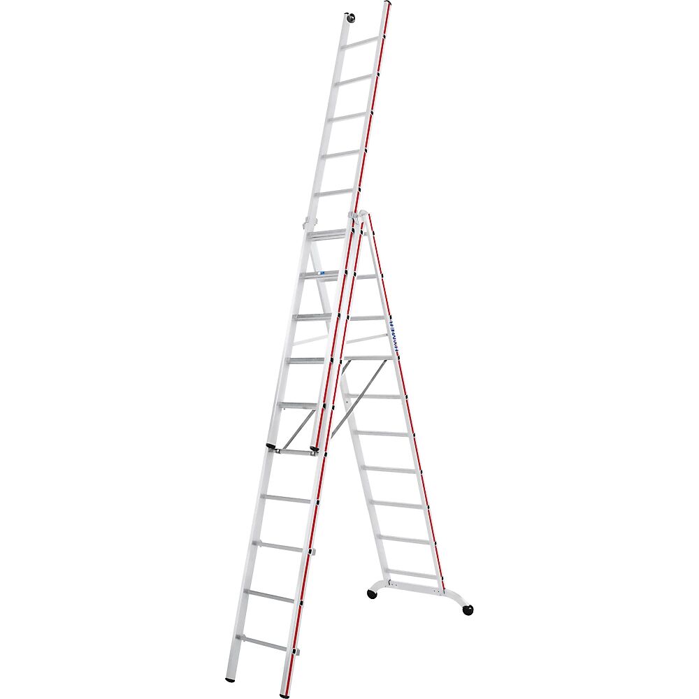 HYMER Escalera multiusos de aluminio, modelo industrial con cabezal rodante, 3 x 10 peldaños, altura máx. de trabajo 7,99 m