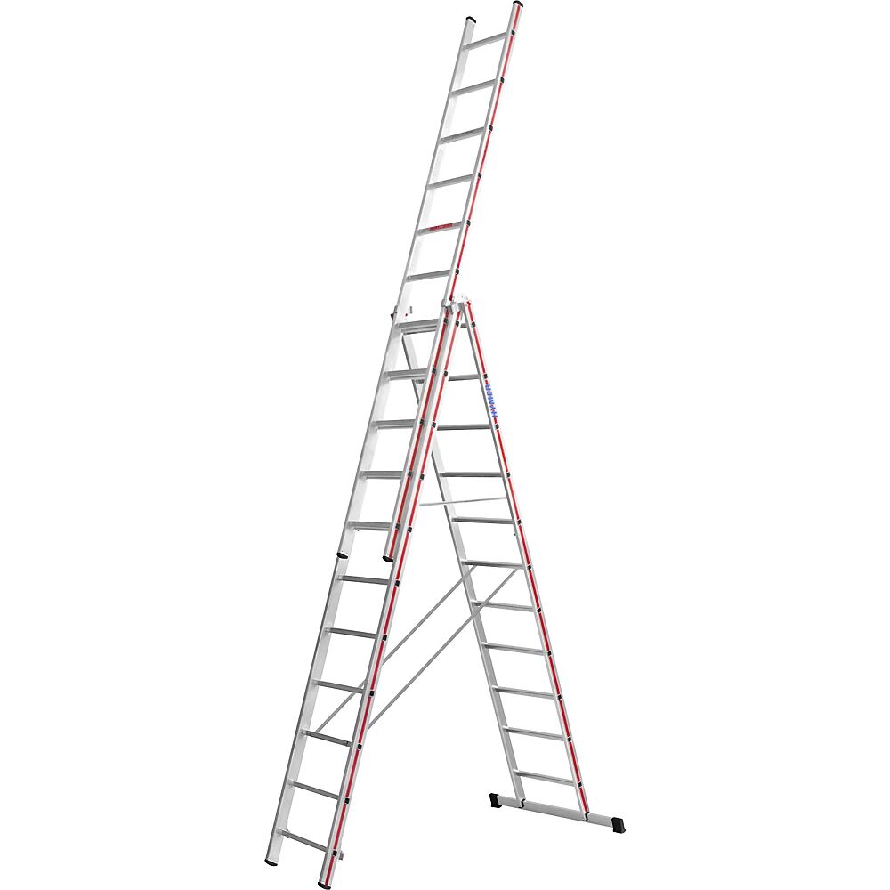 HYMER Escalera multiusos de aluminio, modelo profesional, 3 x 11 peldaños, altura máx. de trabajo 8,49 m