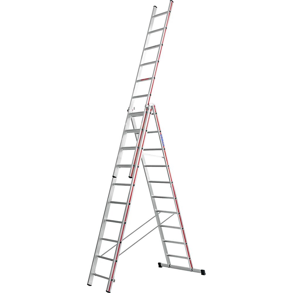HYMER Escalera multiusos de aluminio, modelo profesional, 3 x 10 peldaños, altura máx. de trabajo 7,94 m