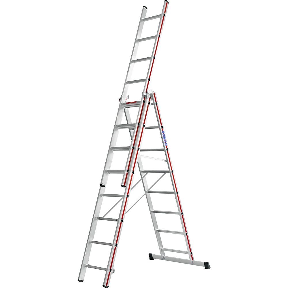 HYMER Escalera multiusos de aluminio, modelo profesional, 3 x 8 peldaños, altura máx. de trabajo 6,29 m