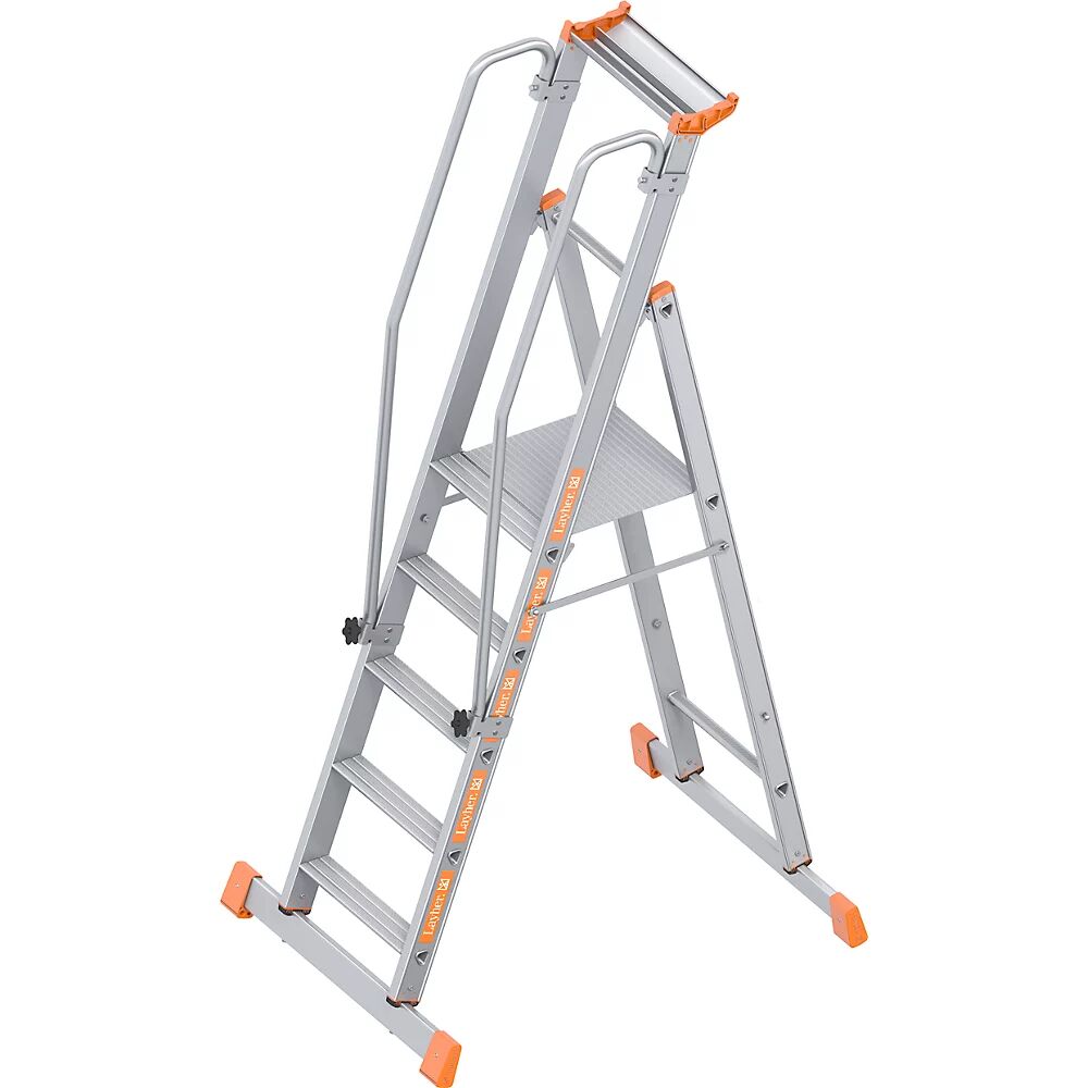 Layher Escalera con tarima de aluminio, de ascenso por un lado, plegable, 5 peldaños