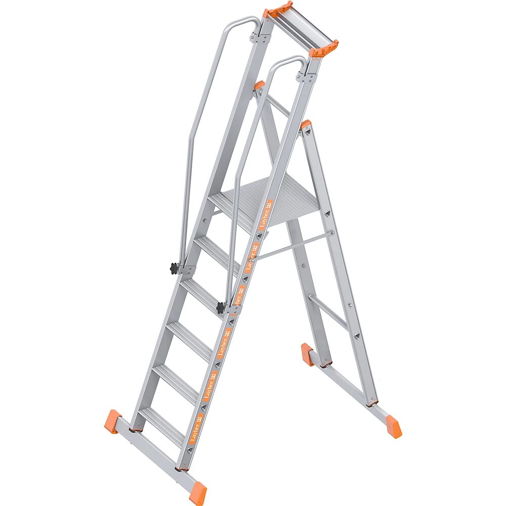Layher Escalera con tarima de aluminio, de ascenso por un lado, plegable, 6 peldaños