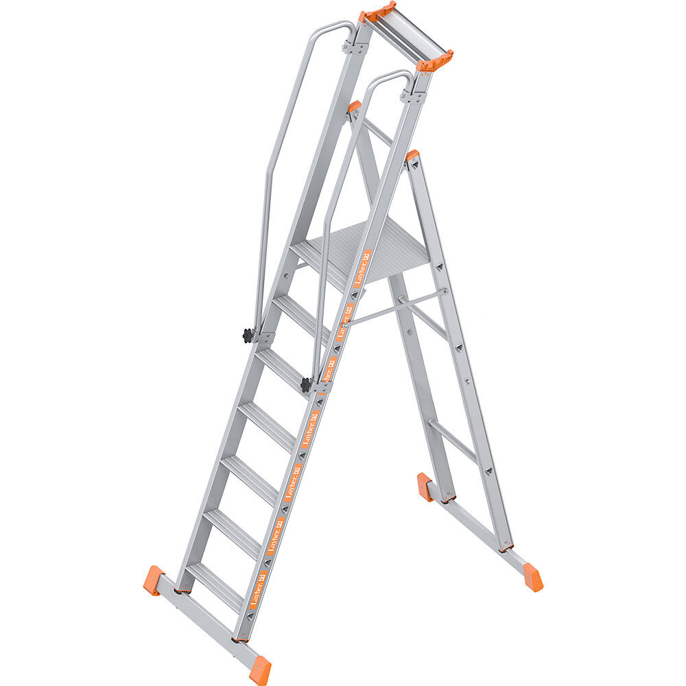 Layher Escalera con tarima de aluminio, de ascenso por un lado, plegable, 7 peldaños