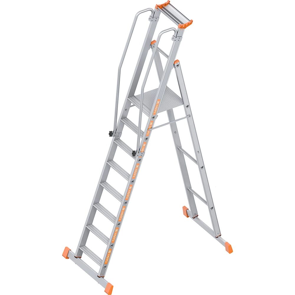 Layher Escalera con tarima de aluminio, de ascenso por un lado, plegable, 8 peldaños