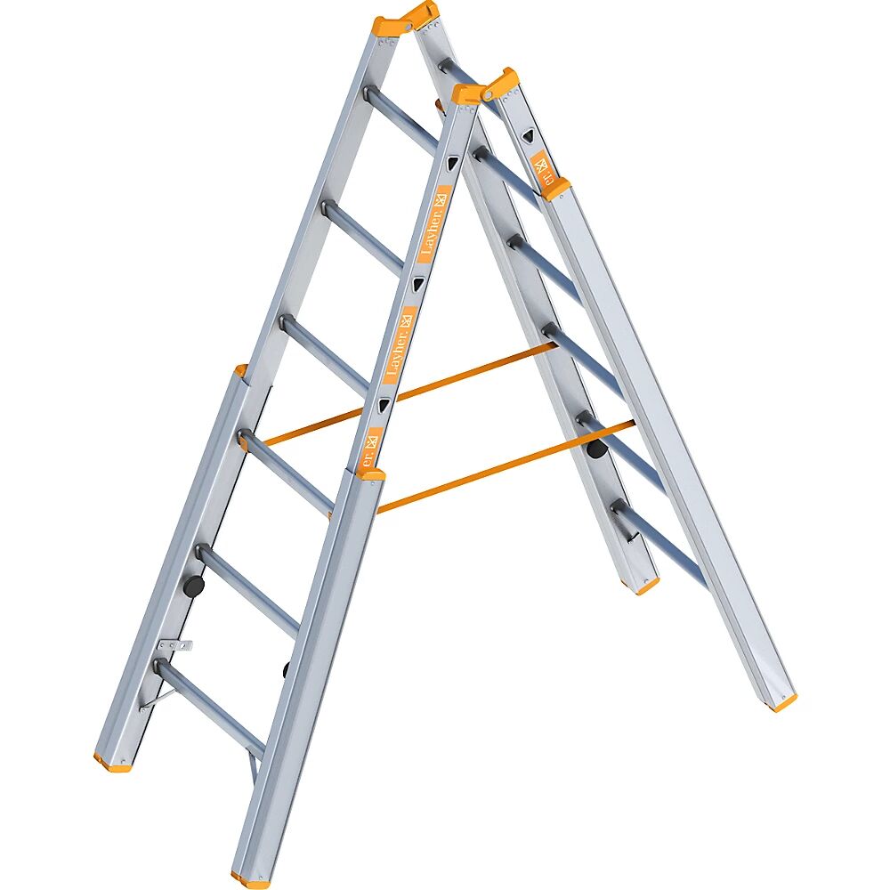 Layher Escalera de tijera para escaleras de obra, con nivelación, ascenso por ambos lados, 6 peldaños