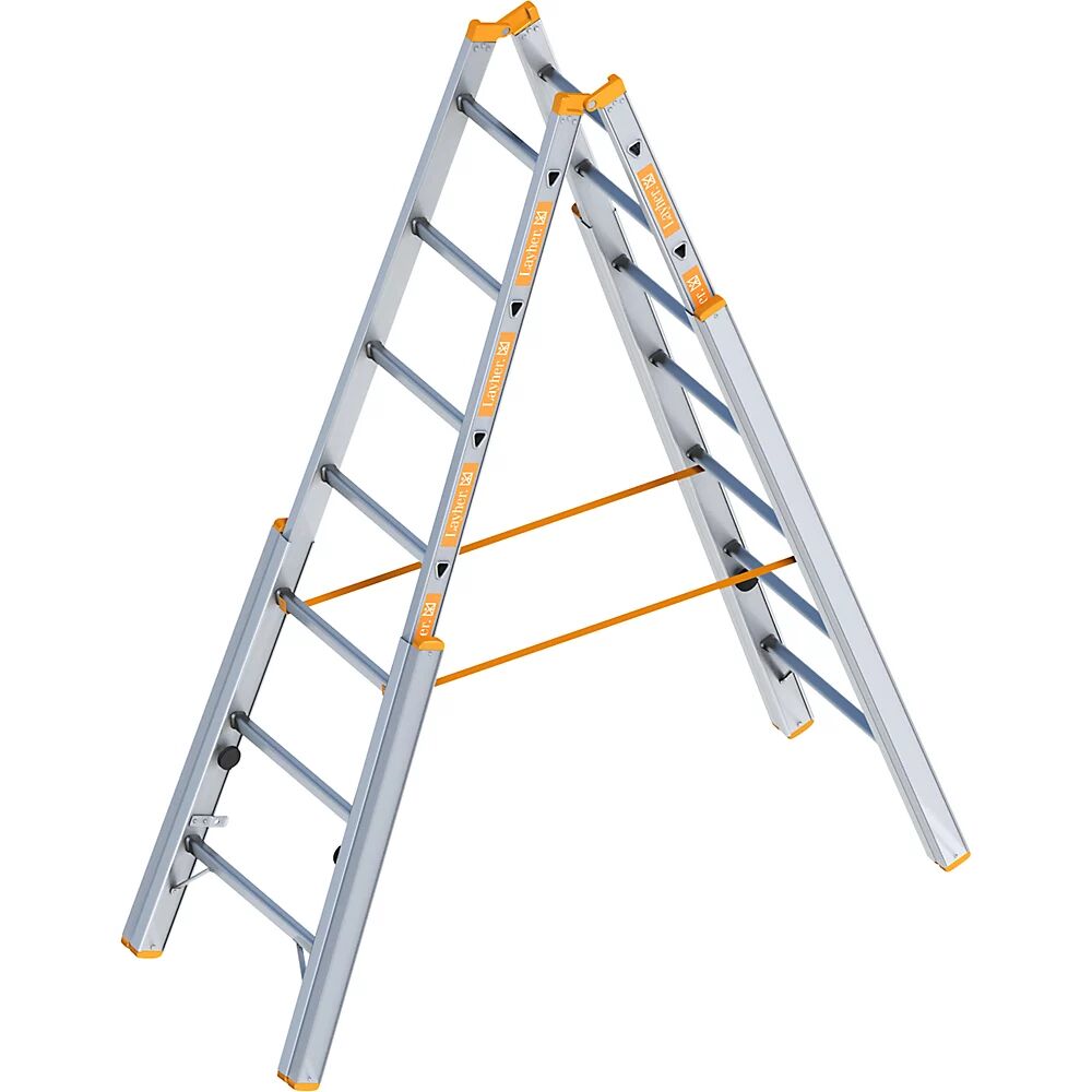 Layher Escalera de tijera para escaleras de obra, con nivelación, ascenso por ambos lados, 7 peldaños