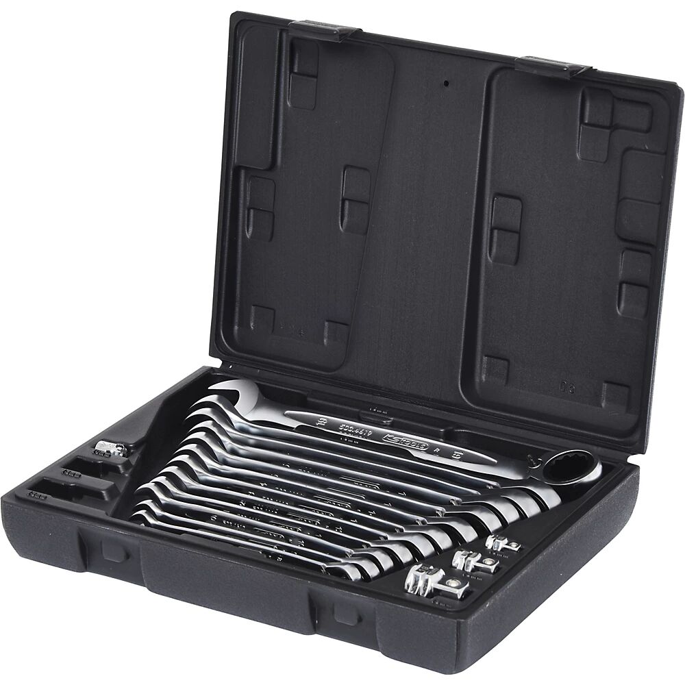 KS Tools Juego de llaves combinadas de trinquete GEARplus, reversibles, anillo acodado 15°, en maletín, para puntas, 16 piezas