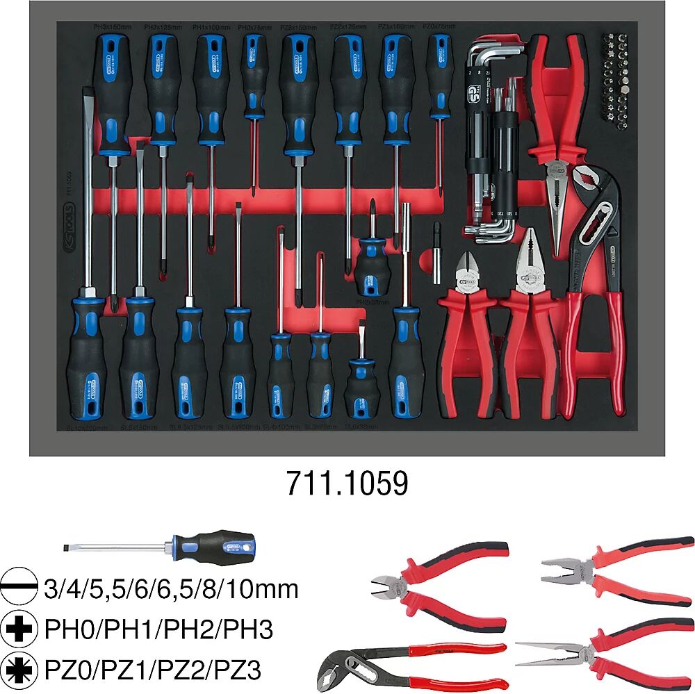 KS Tools Juego de alicates y destornilladores, 59 piezas, inserto en toda la superficie del cajón