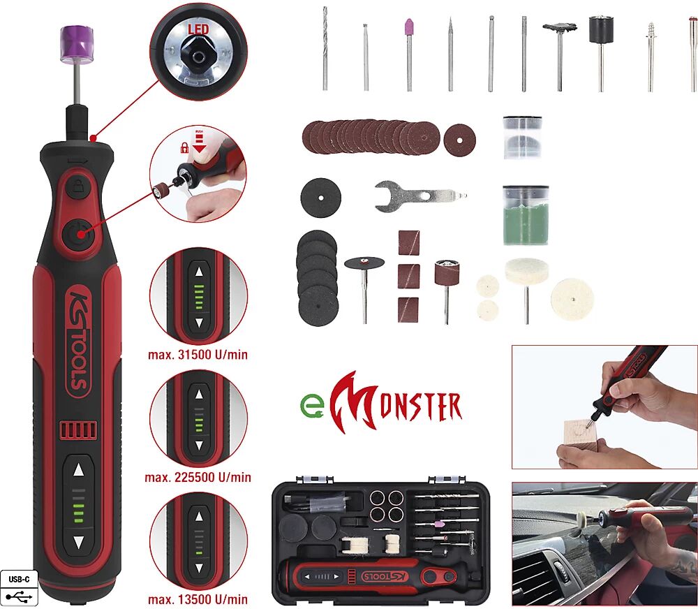 KS Tools Juego de herramientas multifunción a pilas eMONSTER, con 50 accesorios, 7,2 V