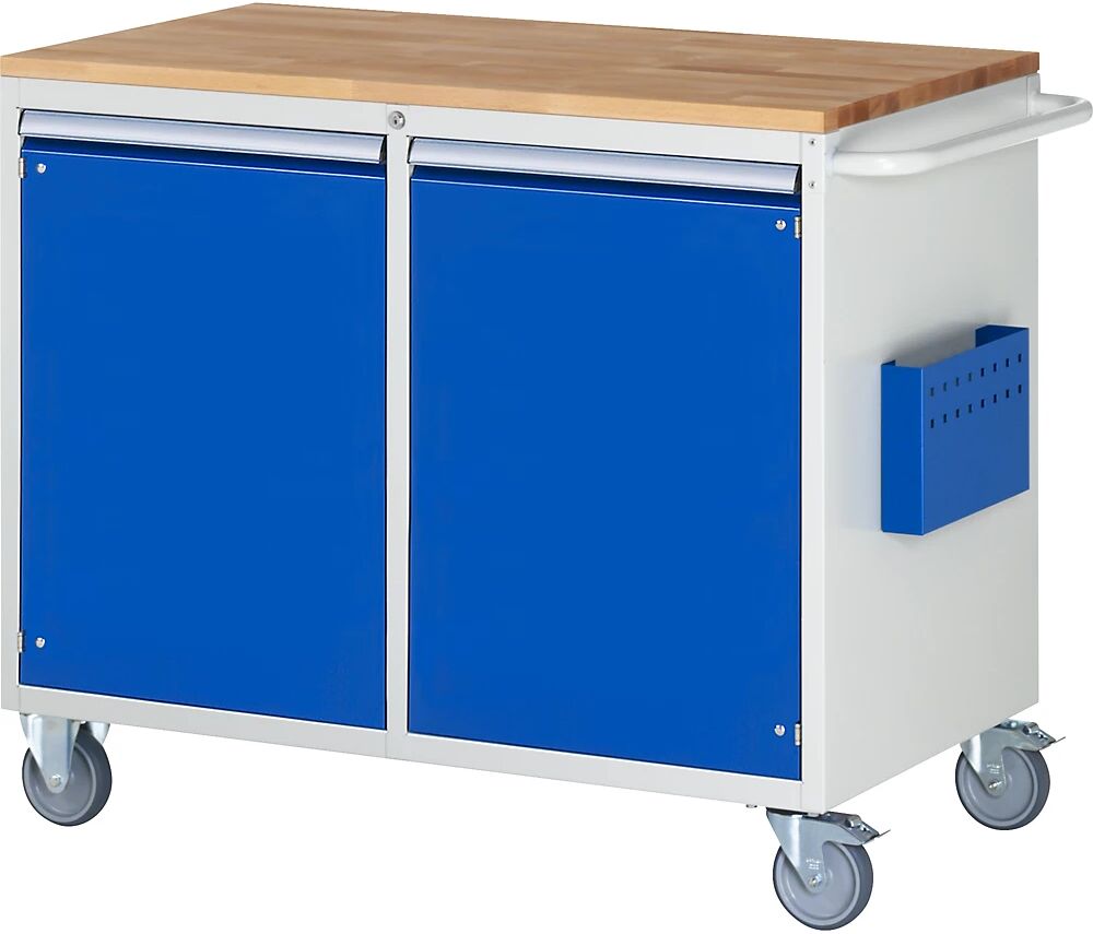 RAU Bancos de trabajo compactos, rodantes, 2 puertas, tablero de trabajo de madera, gris luminoso / azul genciana