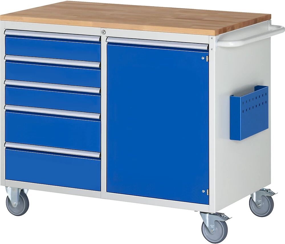 RAU Bancos de trabajo compactos, rodantes, 5 cajones, 1 puerta, tablero de trabajo de madera, gris luminoso / azul genciana