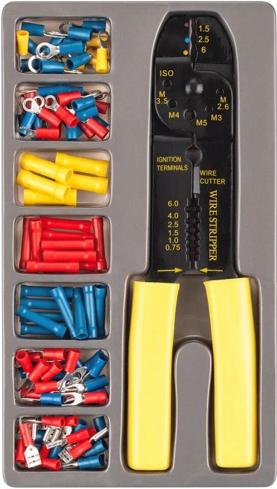 Toolzone Juego alicate crimpador, cortador y pelacables de 215 mm + 100 Terminales aislados