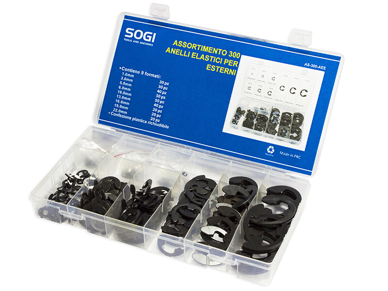 ASSORTIMENTO SET SERIE DI 300 ANELLI ELASTICI SEEGER PER ESTERNI FORO SOGI AS-300-AEE