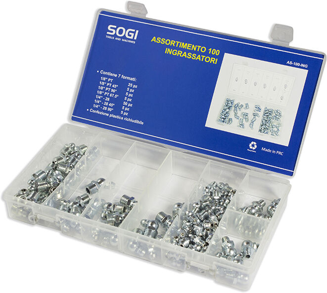 ASSORTIMENTO SET SERIE DI 100 INGRASSATORI TESTINE INNESTO FILETTATURA POLLICI SOGI AS-100-ING