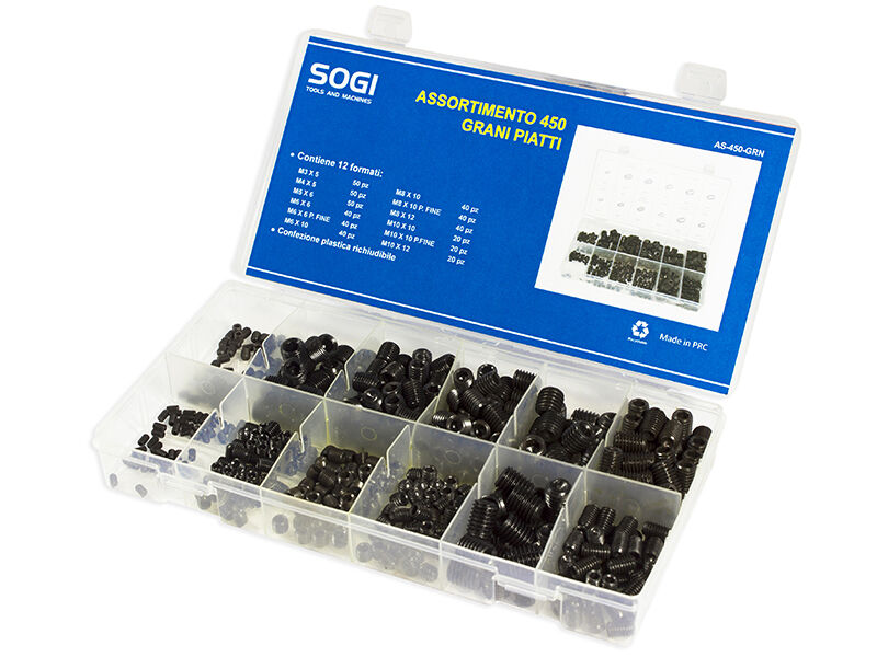 ASSORTIMENTO SET SERIE DI 450 GRANI PIATTI ACCIAIO DA M3 A M10 SOGI AS-450-GRN