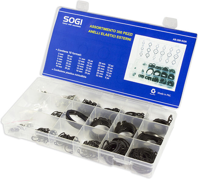 ASSORTIMENTO SET SERIE DI 300 ANELLI ELASTICI SEEGER PER ALBERI ESTERNI SOGI AS-300-SGR