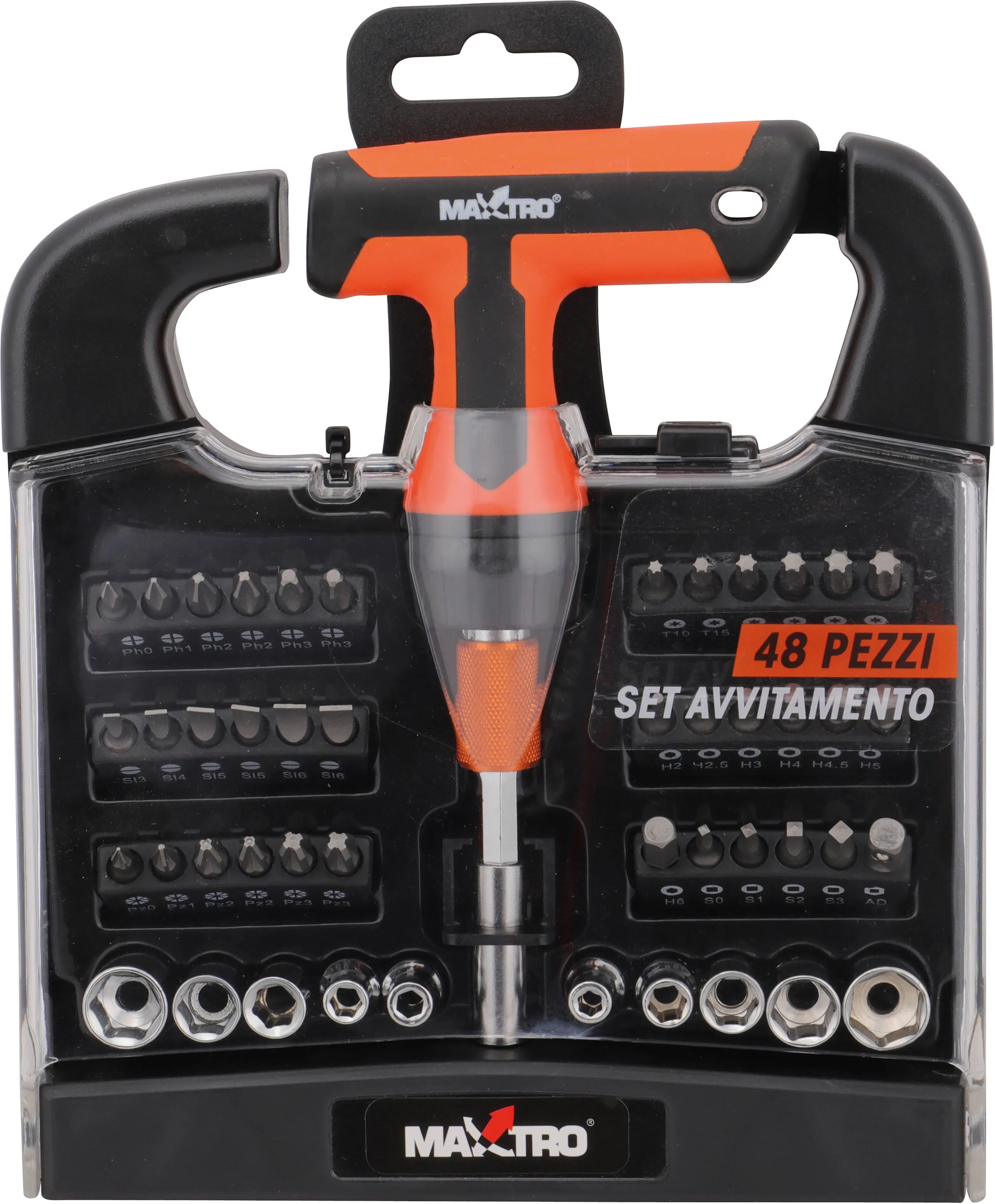 Tecnomat SET AVVITAMENTO MAXTRO 48 PEZZI CACCIAVITE A CRICCHETTO A T INSERTI E BUSSOLE ASSORTITI