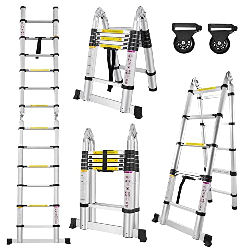 LARS360 3,8 m opvouwbare ladder telescopische ladder multifunctionele ladder uitschuifladder multifunctionele ladder uitschuifbare ladder 12 treden staande ladder gemaakt van hoogwaardig aluminium belastbaarheid 150 kg