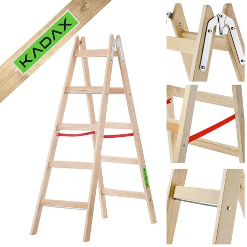 KADAX Houten ladder, staande ladder, tot 150 kg draagvermogen, ladder van hoogwaardig hout, dubbele trapladder in zes varianten, huishoudladder voor schilders (5 treden)