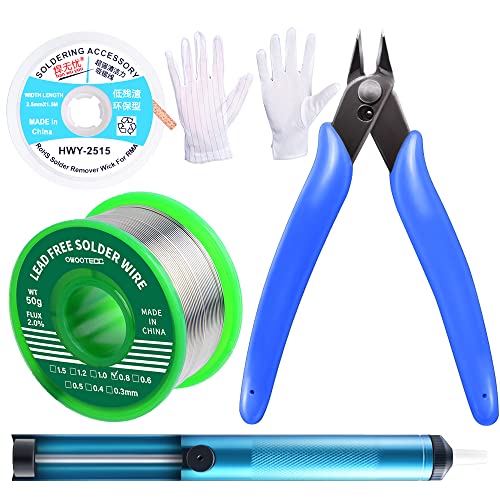 owootecc Desoldeerpomp, Desolderen Wick, Micro Shear Wire Cutter Tang, Anti-Statische Handschoenen (Paar), 4 STKS Soldeer Tool Set,Soldeerbout Helpen Accessoires DIY Kit