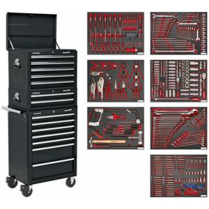 Loops - 14 Drawer Topchest Mid Box & Rollcab Bundle with 446 Piece Tool Kit - Black