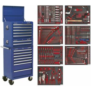 Loops - 14 Drawer Topchest Mid Box & Rollcab Bundle with 446 Piece Tool Kit - Blue