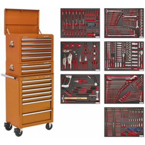 Loops - 14 Drawer Topchest Mid Box & Rollcab Bundle with 446 Piece Tool Kit - Orange