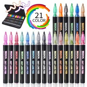 SHEIN Drawing Marker Pens Double Line Outline Pens 21 Color Self Outline Metallic Multicolor