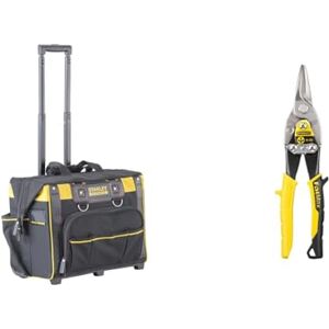 Stanley FATMAX Open Mouth Rolling Rigid Tool Bag Trolley, Multi-Pockets Storage Organiser, FMST1-80148, Black & Aviation Snips – Straight Cut (2-14-563), Black and Yellow