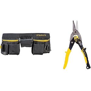 Stanley 600 Denier Tool Belt Pouch with Multi-Pockets Storage Organiser, Tape Pocket, Hammer Loop, 1-96-178 & Aviation Snips – Straight Cut (2-14-563)