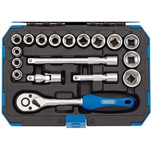 Draper 18 Piece Metric Socket Set with Ratchet Tool & Case - 3/8" Square Drive - DIY Home Professional & Car Kit, Blue