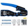 VEVOR RJ45 Crimp Tool Kit, Cat5e/Cat6/Cat6a Pass Through Ethernet Crimper for 8P8C Modular Plugs with 20pcs Connectors and 20pcs Covers, Wire Stripper and Network Tester