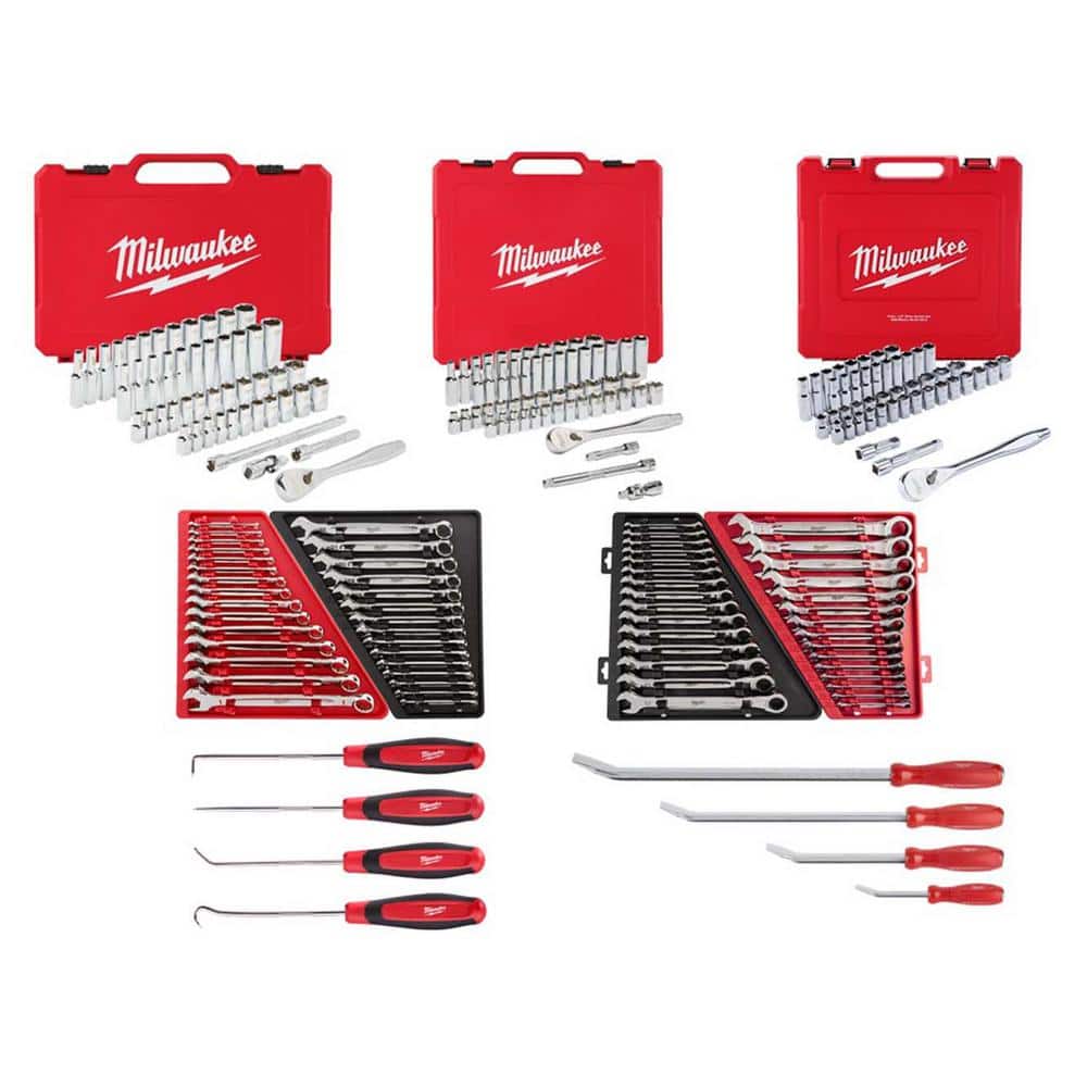 Milwaukee 1/4 in., 3/8 in., and 1/2 in. Drive SAE/Metric Ratchet and Socket Set w/Combination Wrench and Pry Bar Set (221-Piece)