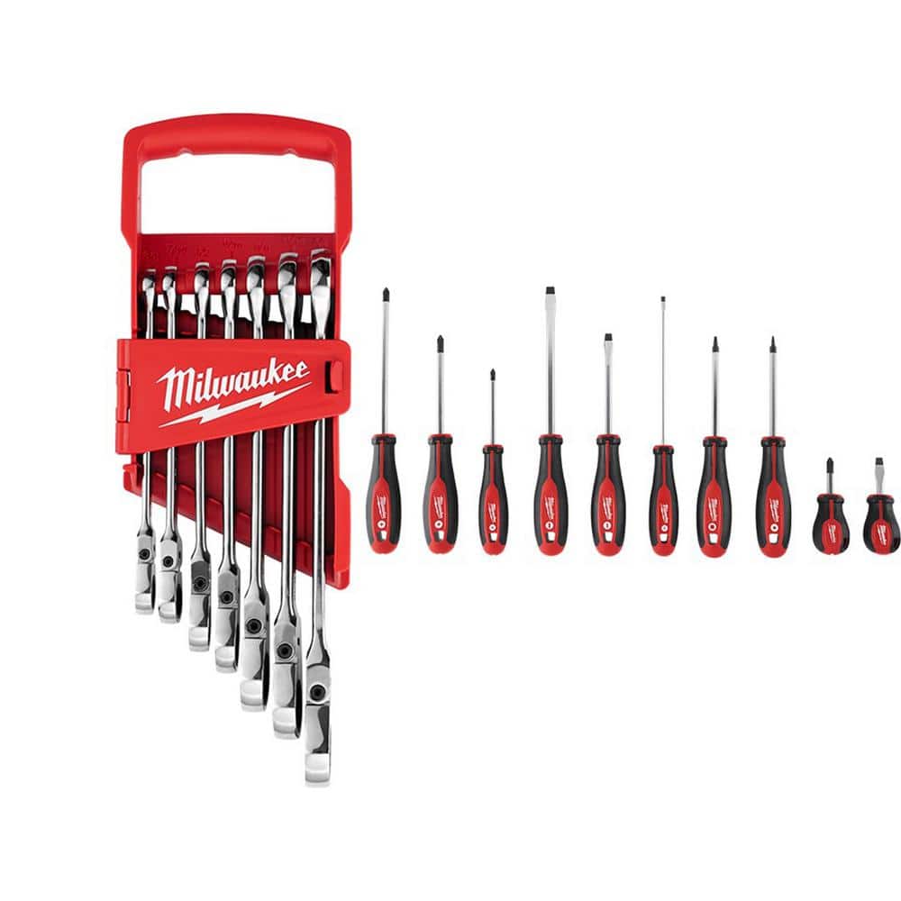 Milwaukee 144-Position Flex-Head Ratcheting Combination Wrench Set SAE with Screwdriver Set (17-Piece)