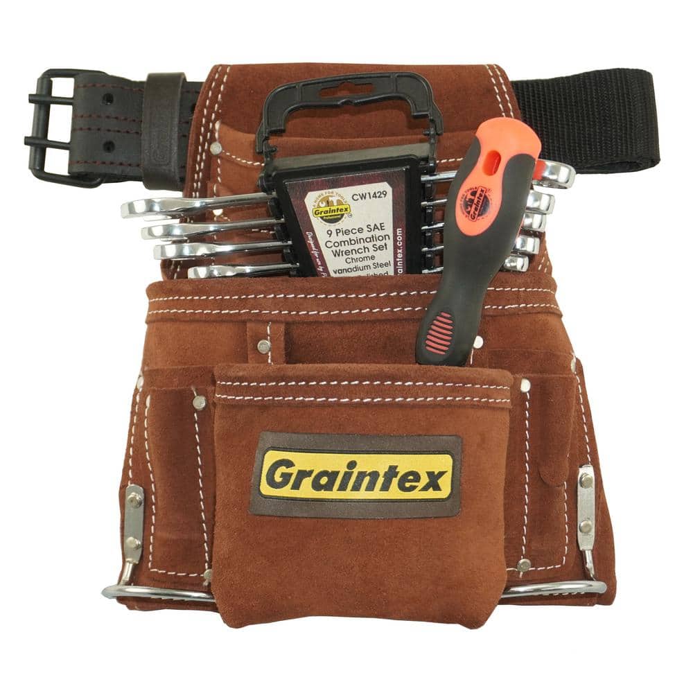 10 Pocket Leather Tool Pouch Set with SAE Wrench Set and 6 in 1 Screwdriver Set (9-Piece)