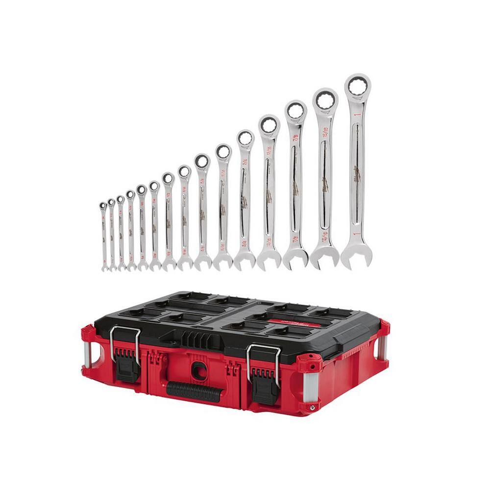 Milwaukee SAE Combination Ratcheting Wrench Set (15-Piece) with PACKOUT 22 in. Tool Box