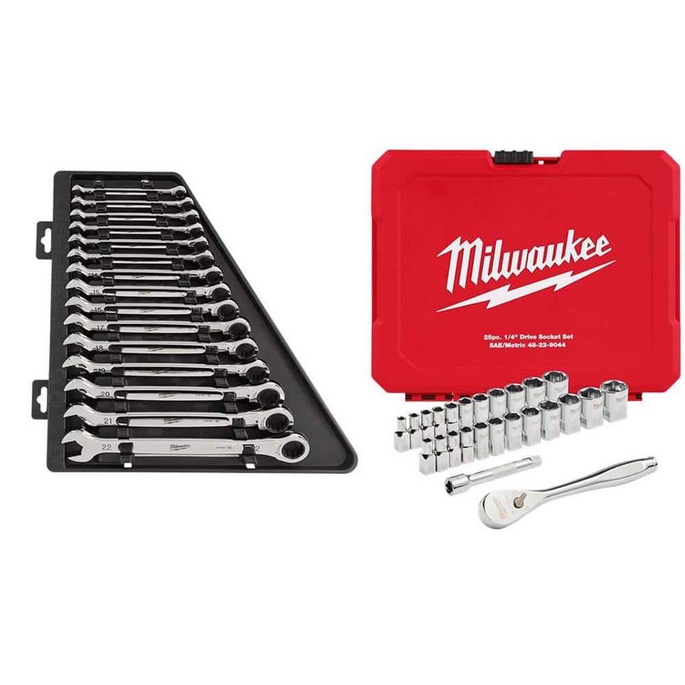 Milwaukee Metric Ratcheting Combination Wrench Set with 1/4 in. Drive SAE/Metric Ratchet and Socket Mechanics Tool Set (40-Piece)