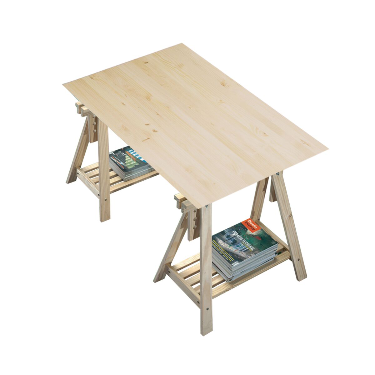 EUROPE & NATURE Schreibtisch auf Böcken, neigbar mit Holzarbeitsplatte BEIGE
