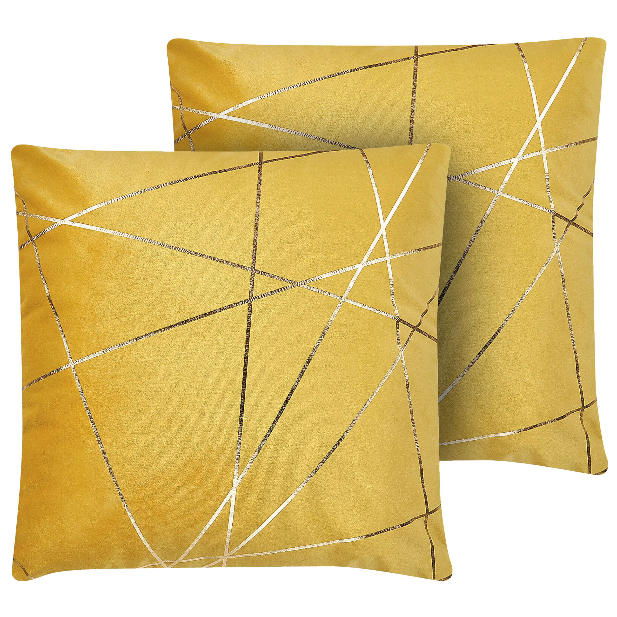 Beliani Sada 2 sametových polštářů s geometrickým vzorem 45 x 45 cm žlutých PINUS