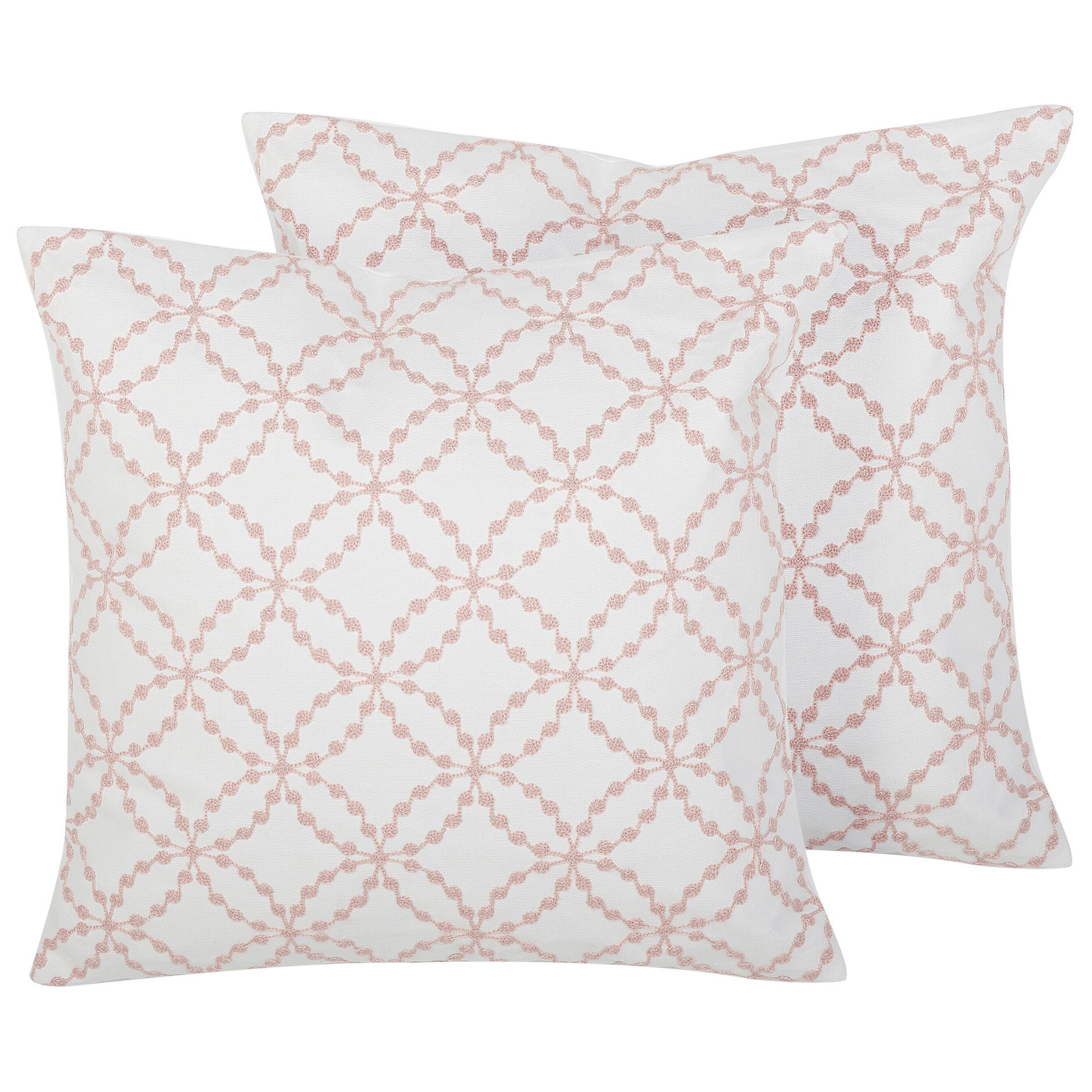 Beliani Sada 2 dekorativních polštářů vzorovaná bavlna bílá / růžová 45 x 45 cm VERBENA