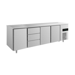 Groju Gastro Kühltisch 3 Türen 3 Schubladen Umluftkühlung 2330x700x850mm -2/+8°C ISO 50mm
