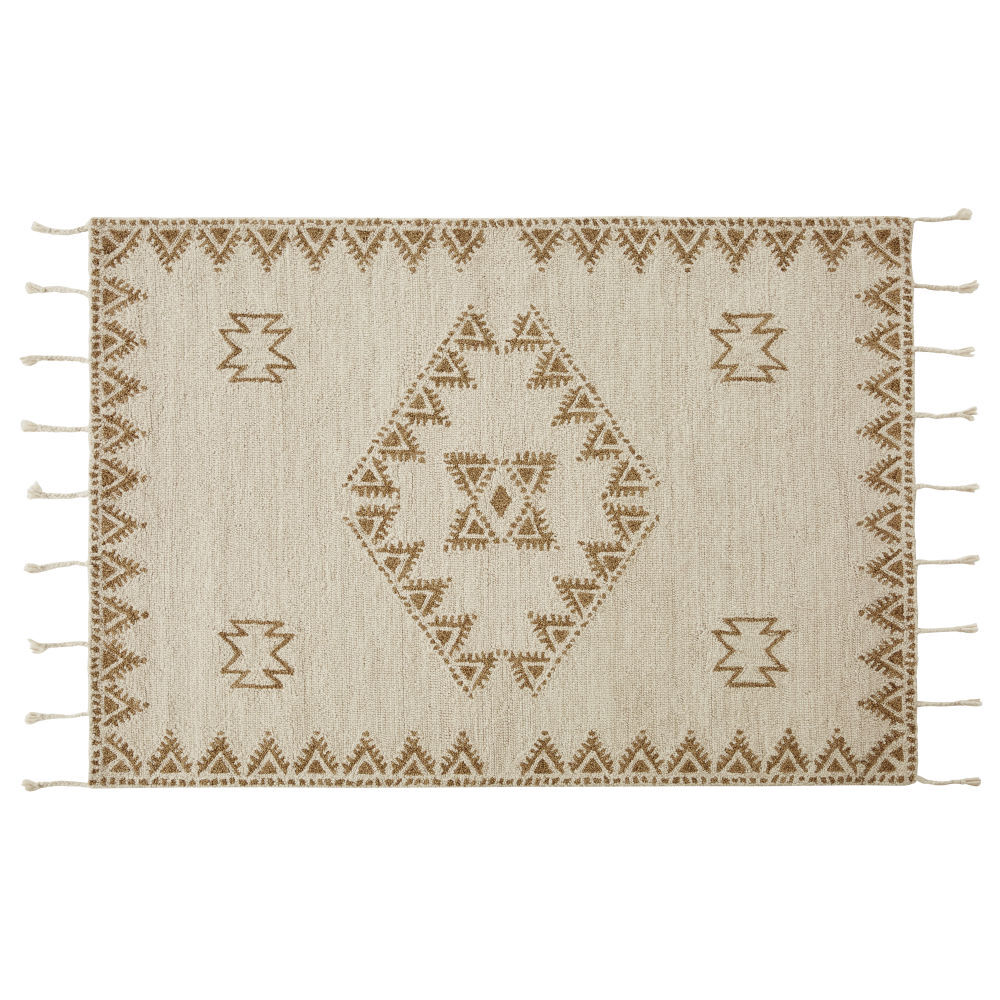 Maisons du Monde Tapis en laine noué main beige et écru avec franges tressées 140x200