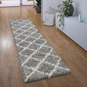 Paco Home - Hochflor Teppich Läufer Flur Schlafzimmer Shaggy Modern Skandi Rautenmuster 60x100 cm, Grau