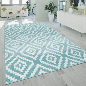 Teppich Wohnzimmer Kurzflor Boho Ethno Design Pastell Blau Weiß 60x100 cm - Paco Home